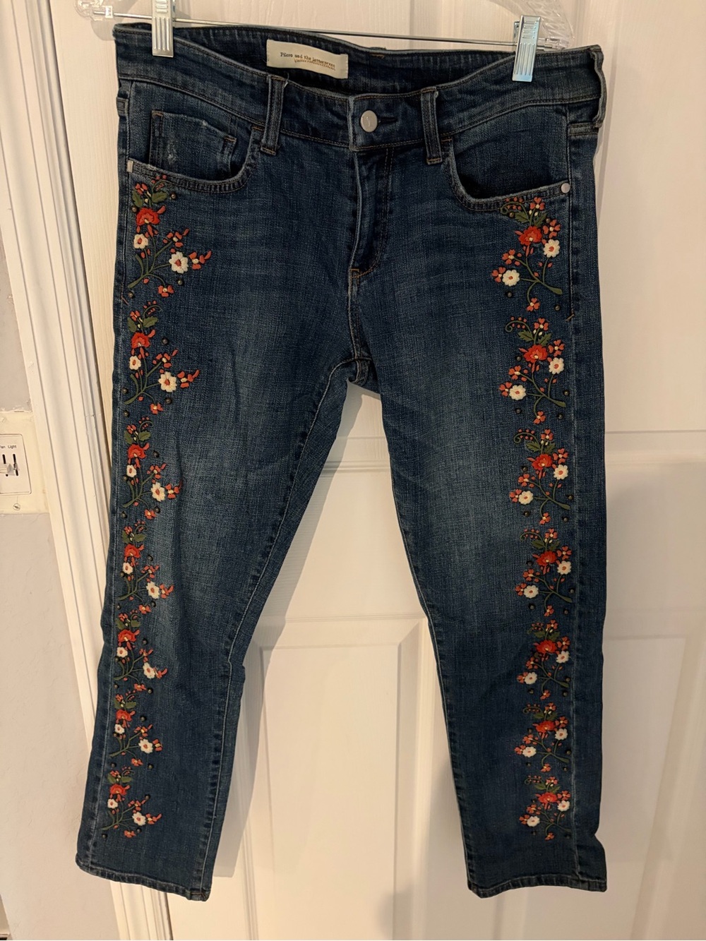 Pilcro and the Letterpress Dark Wash Jeans with Red & White Floral Embroidery